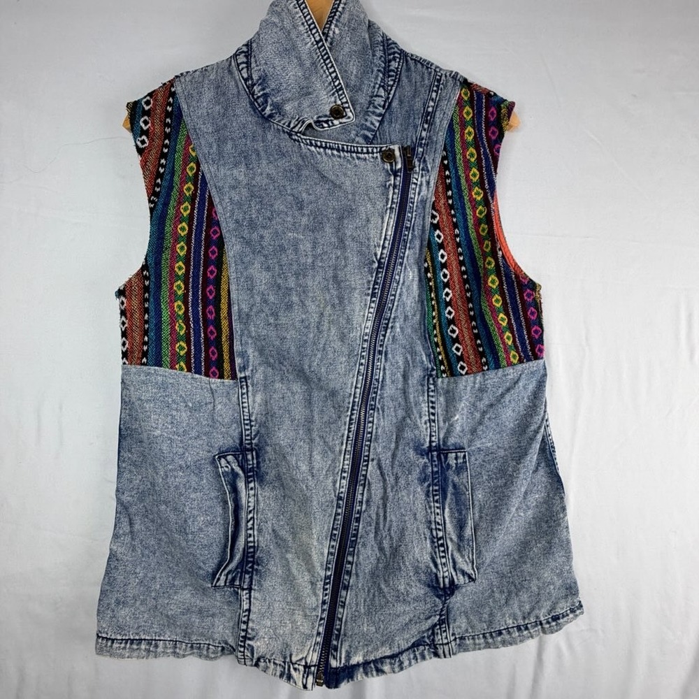 Billy by Flying Tomato Acid Wash Denim Vest Southwestern Tapestry Moto YJ1025 M